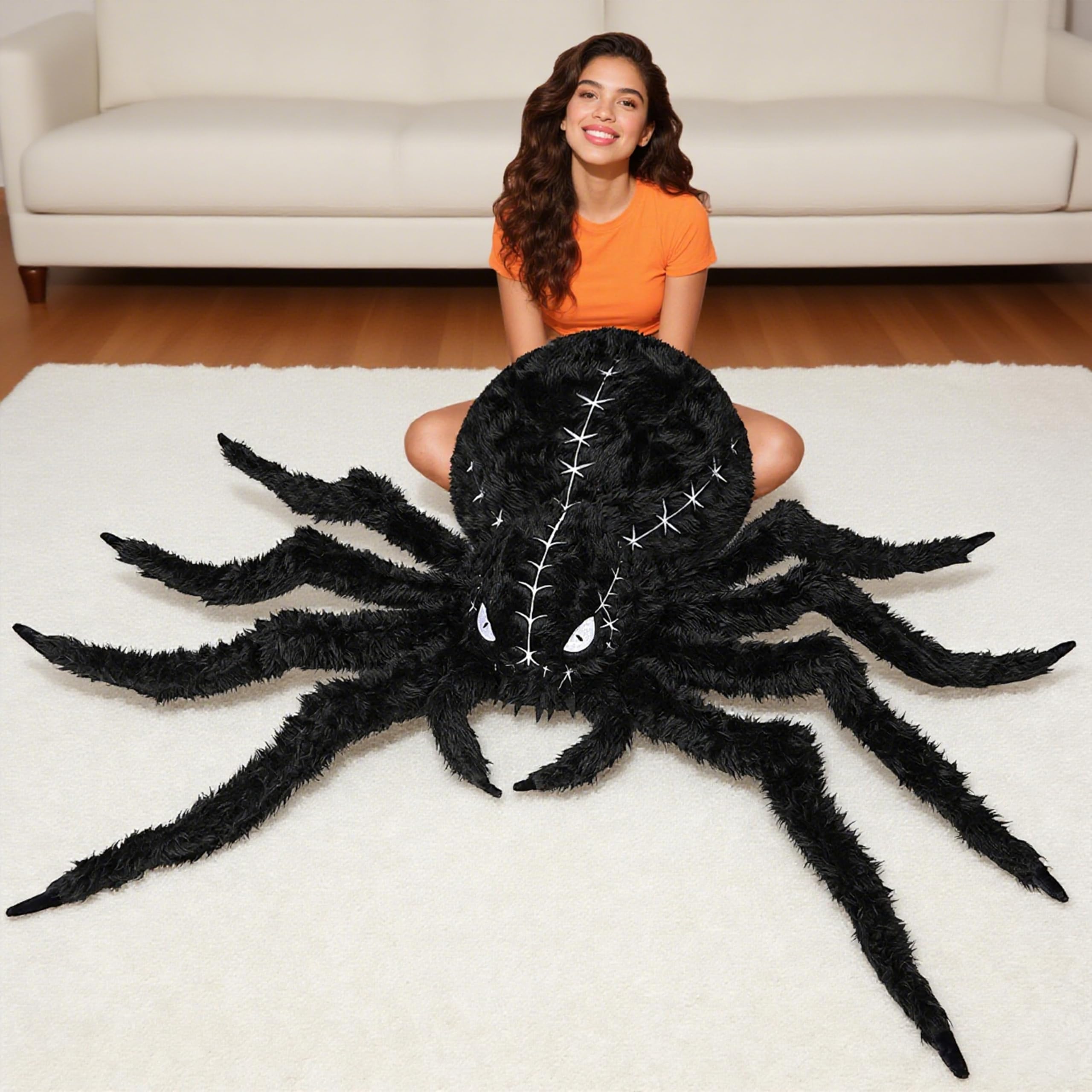 Halloween Spider Plush - 34.6 Inch Large Black Soft Spider Pillow Stuffed Animal for Halloween Decor, Party Scary Props, Prank Birthday Gifts for Kids and Adults